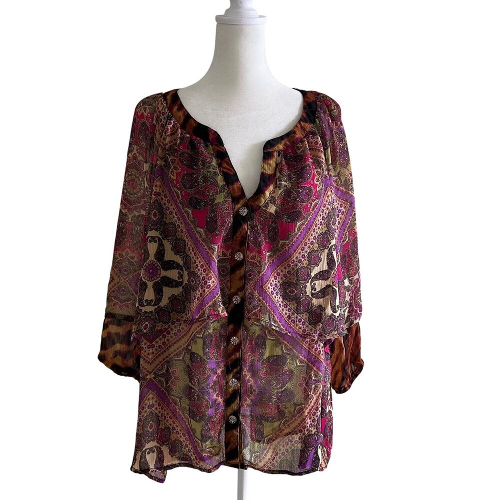 Fig & Flower Blouse Womens 2X Sheer Paisley Boho Peasant Top Mixed Print Plus - Picture 2 of 9